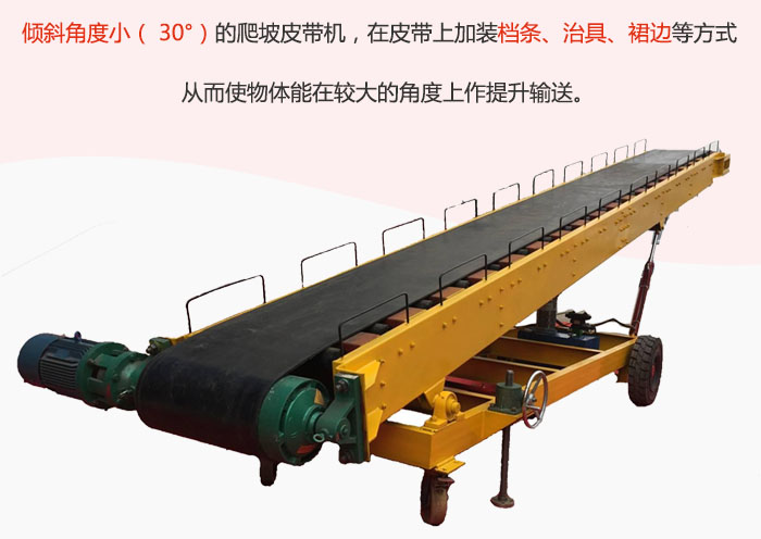 傾斜角度?。?30°）的爬坡皮帶機(jī)，在皮帶上加裝檔條、治具、裙邊等方式從而使物體能在較大的角度上作提升輸送。